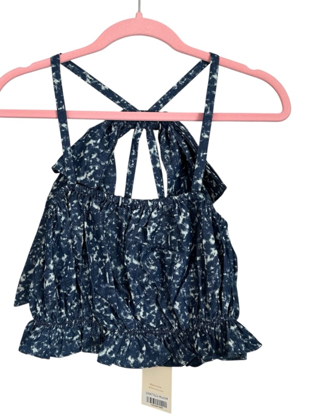 Choosy Women's Blue & White Cropped Scrappy To with Black Bow Detail Sz M NWT